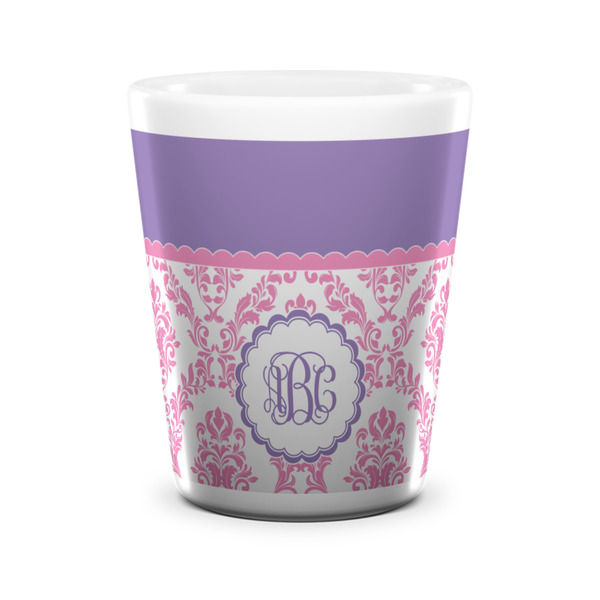 Custom Pink, White & Purple Damask Ceramic Shot Glass - 1.5 oz - White - Single (Personalized)