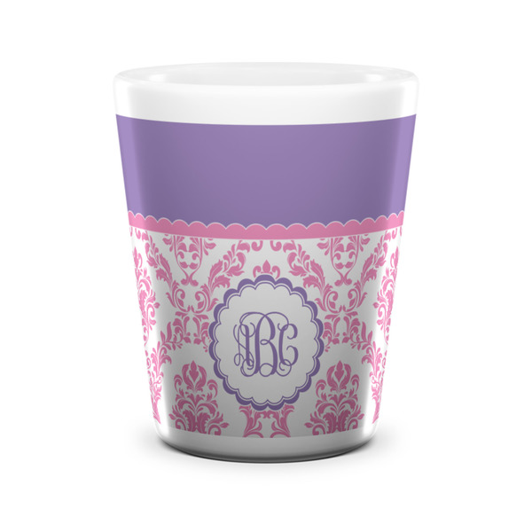 Custom Pink, White & Purple Damask Ceramic Shot Glass - 1.5 oz - White - Set of 4 (Personalized)