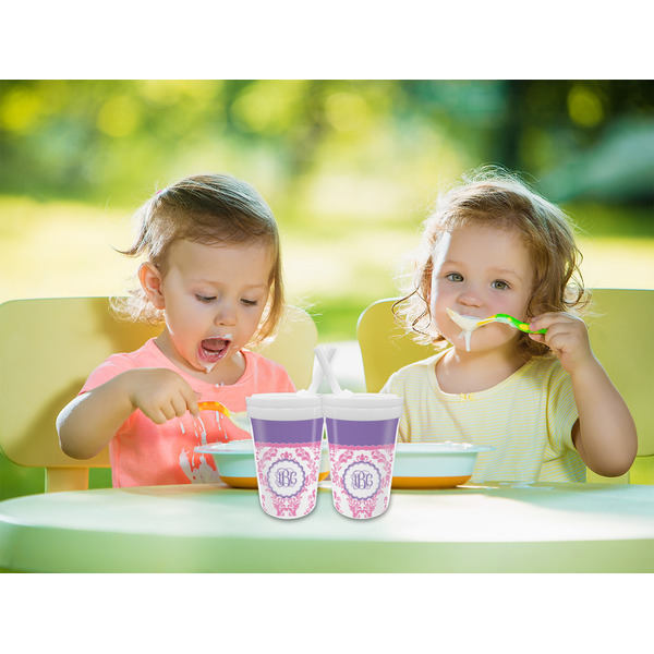 Pink, White & Purple Damask Sippy Cups w/Straw - LIFESTYLE