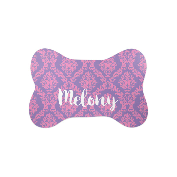 Custom Pink, White & Purple Damask Bone Shaped Dog Food Mat (Small) (Personalized)