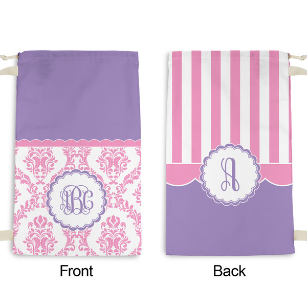 Pink, White & Purple Damask Small Laundry Bag - Front & Back View