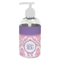 Pink, White & Purple Damask Plastic Soap / Lotion Dispenser (8 oz - Small - White) (Personalized)