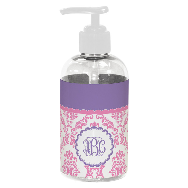 Custom Pink, White & Purple Damask Plastic Soap / Lotion Dispenser (8 oz - Small - White) (Personalized)