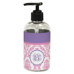 Pink, White & Purple Damask Plastic Soap / Lotion Dispenser (8 oz - Small - Black) (Personalized)