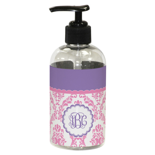 Custom Pink, White & Purple Damask Plastic Soap / Lotion Dispenser (8 oz - Small - Black) (Personalized)