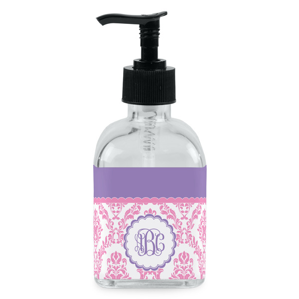 Custom Pink, White & Purple Damask Glass Soap & Lotion Bottle - Single Bottle (Personalized)