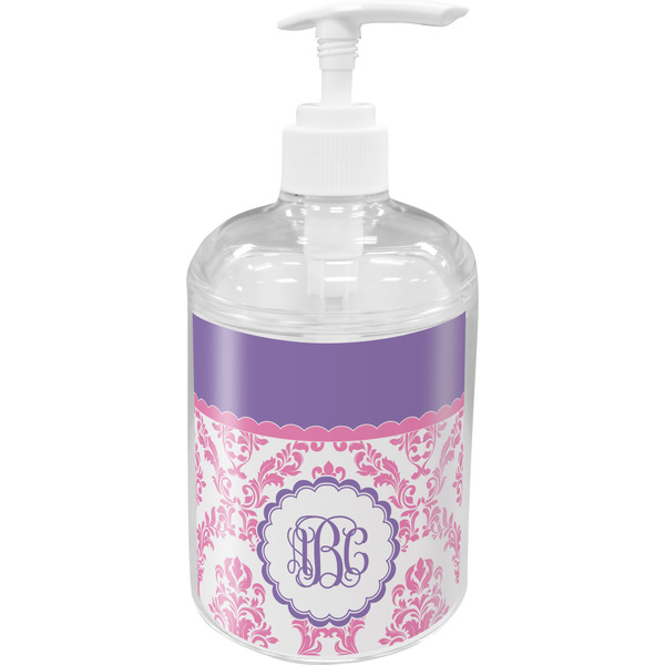 Custom Pink, White & Purple Damask Acrylic Soap & Lotion Bottle (Personalized)