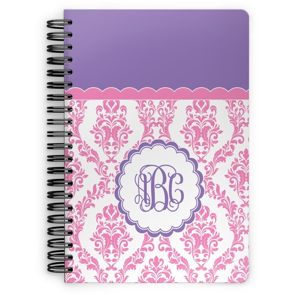 Custom Pink, White & Purple Damask Spiral Notebook - 7x10 w/ Monogram