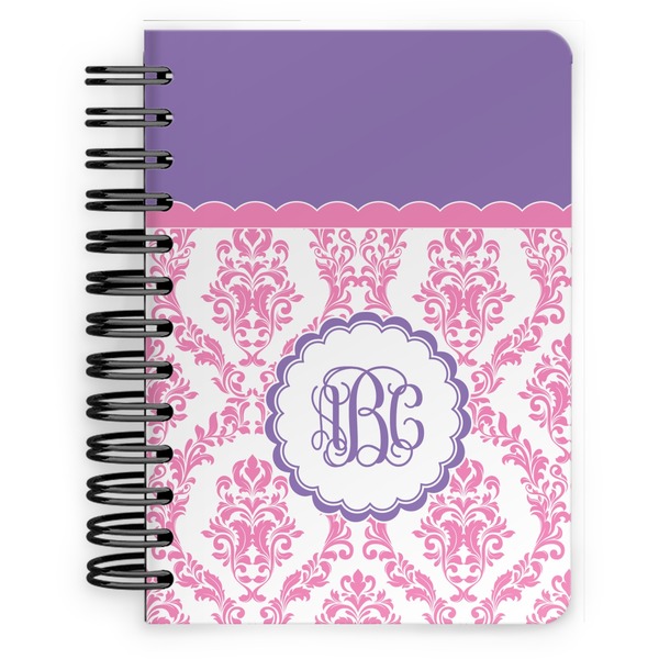 Custom Pink, White & Purple Damask Spiral Notebook - 5x7 w/ Monogram