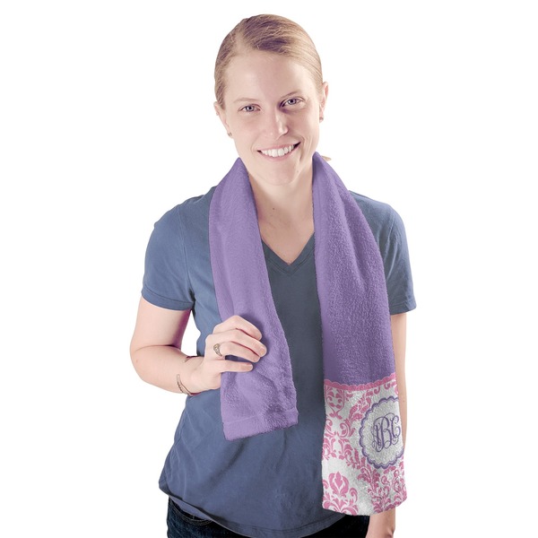 Pink, White & Purple Damask Sport Towel - Exercise use - Model