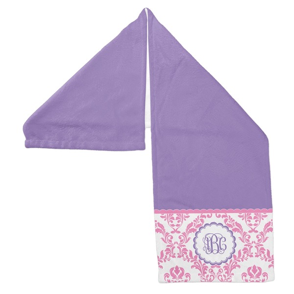 Pink, White & Purple Damask Sports Towel Folded - Both Sides Showing