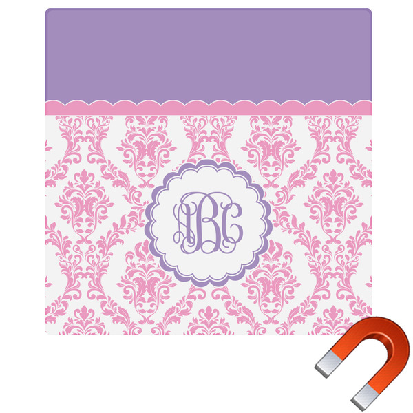 Custom Pink, White & Purple Damask Square Car Magnet - 6" (Personalized)