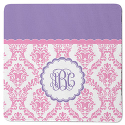 Pink, White & Purple Damask Square Rubber Backed Coaster (Personalized)