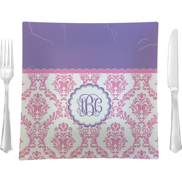 Custom Pink, White & Purple Damask Glass Square Lunch / Dinner Plate 9.5" (Personalized)
