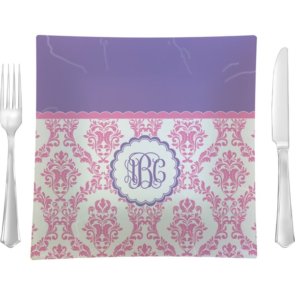 Custom Pink, White & Purple Damask 9.5" Glass Square Lunch / Dinner Plate- Single or Set of 4 (Personalized)