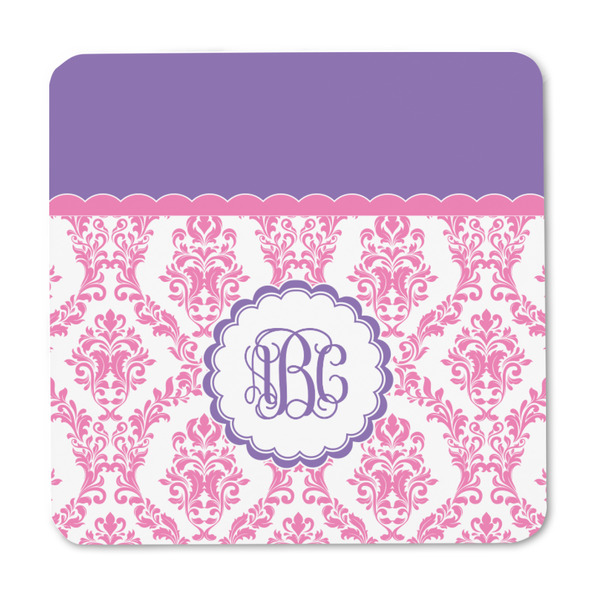 Pink, White & Purple Damask Square Fridge Magnet - FRONT