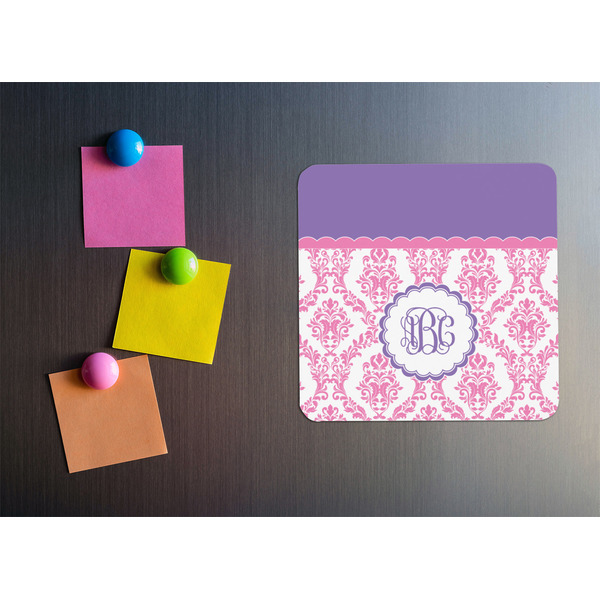 Pink, White & Purple Damask Square Fridge Magnet - LIFESTYLE