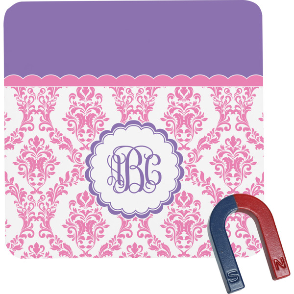 Custom Pink, White & Purple Damask Square Fridge Magnet w/ Monogram