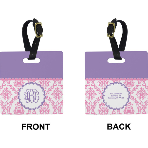 Pink, White & Purple Damask Square Luggage Tag (Front + Back)