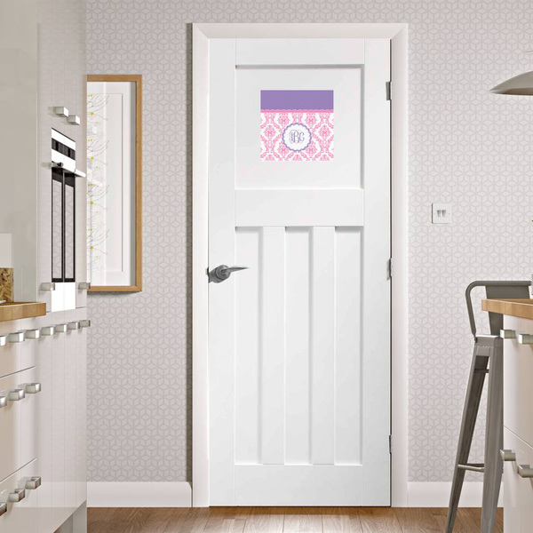 Pink, White & Purple Damask Square Wall Decal on Door