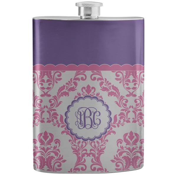 Custom Pink, White & Purple Damask Stainless Steel Flask (Personalized)