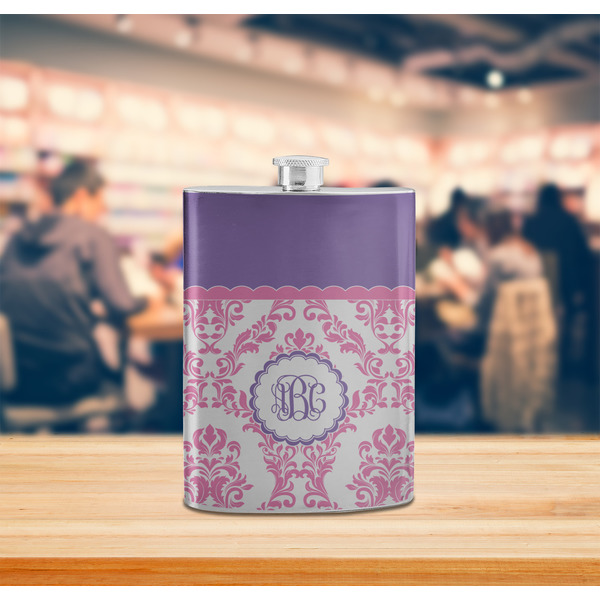 Pink, White & Purple Damask Stainless Steel Flask - LIFESTYLE 2