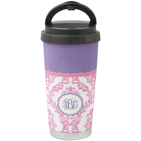 Custom Pink, White & Purple Damask Stainless Steel Coffee Tumbler (Personalized)