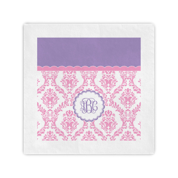 Custom Pink, White & Purple Damask Standard Cocktail Napkins (Personalized)
