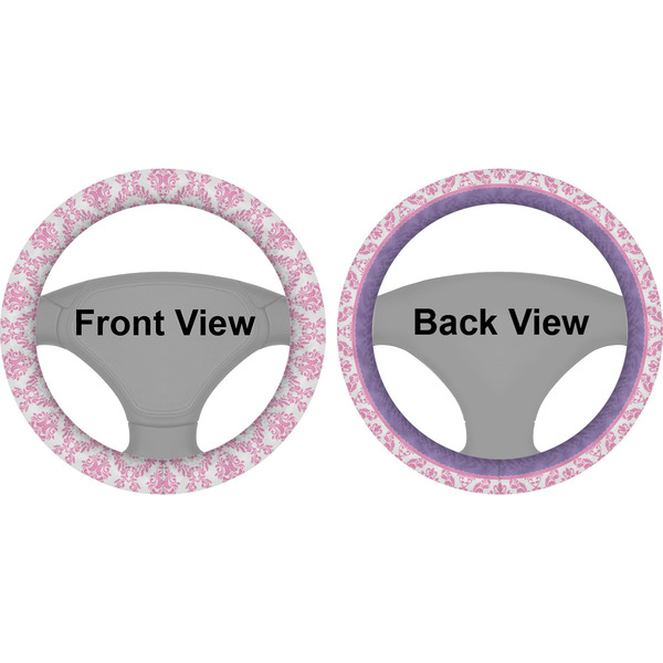 Pink, White & Purple Damask Steering Wheel Cover- Front and Back