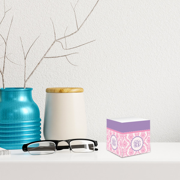 Pink, White & Purple Damask Sticky Note Cube - LIFESTYLE