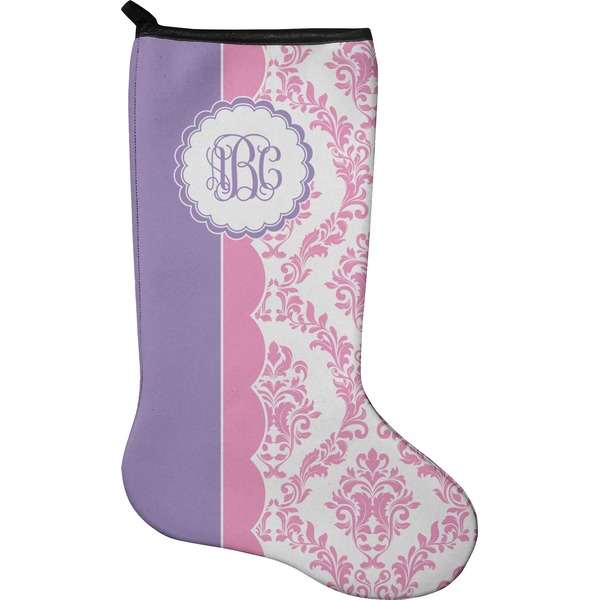 Custom Pink, White & Purple Damask Holiday Stocking - Neoprene (Personalized)