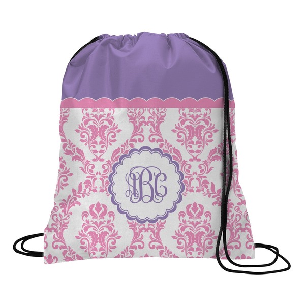 Custom Pink, White & Purple Damask Drawstring Backpack - Medium (Personalized)