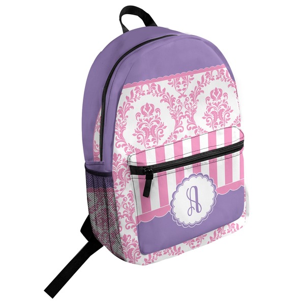 Custom Pink, White & Purple Damask Student Backpack (Personalized)