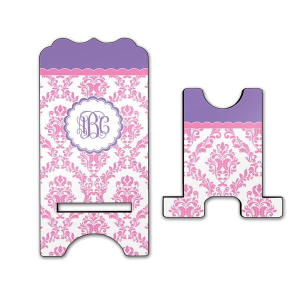 Pink, White & Purple Damask Stylized Phone Stand - Front & Back - Large