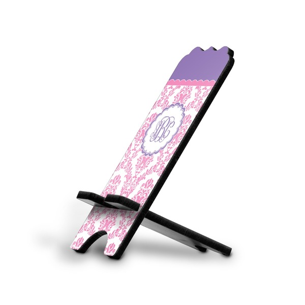 Custom Pink, White & Purple Damask Stylized Cell Phone Stand - Large (Personalized)