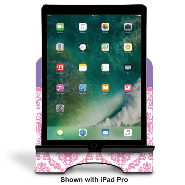 Pink, White & Purple Damask Stylized Tablet Stand - Front with ipad