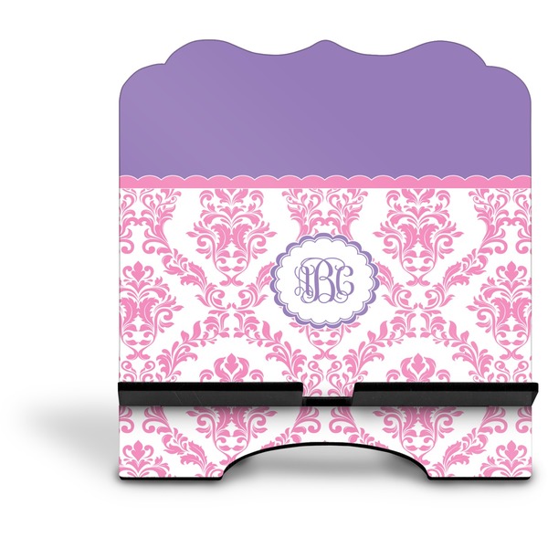 Pink, White & Purple Damask Stylized Tablet Stand - Front without iPad