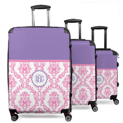Pink, White & Purple Damask 3 Piece Luggage Set - 20" Carry On, 24" Medium Checked, 28" Large Checked (Personalized)