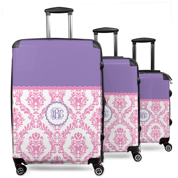 Custom Pink, White & Purple Damask 3 Piece Luggage Set - 20" Carry On, 24" Medium Checked, 28" Large Checked (Personalized)