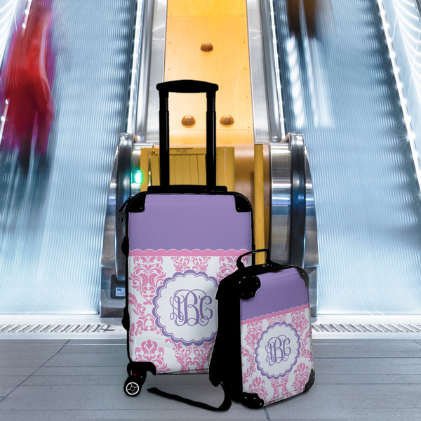 Pink, White & Purple Damask Suitcase Set 4 - IN CONTEXT