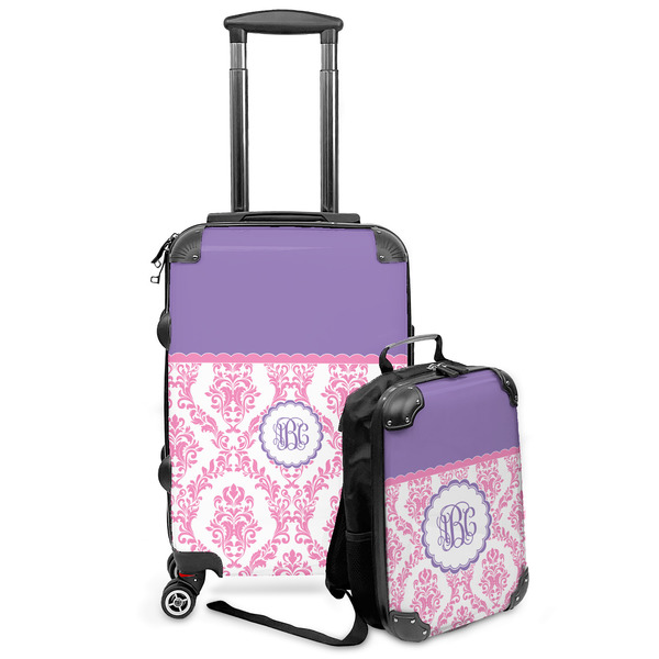 Custom Pink, White & Purple Damask Kids 2-Piece Luggage Set - Suitcase & Backpack (Personalized)