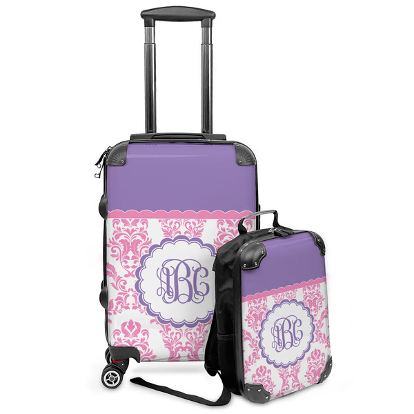 Custom Pink, White & Purple Damask Kids 2-Piece Luggage Set - Suitcase & Backpack (Personalized)