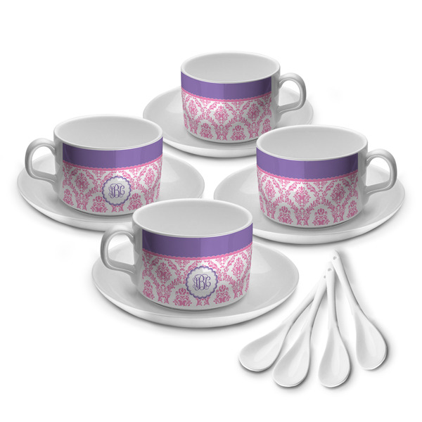 Custom Pink, White & Purple Damask Tea Cup - Set of 4 (Personalized)
