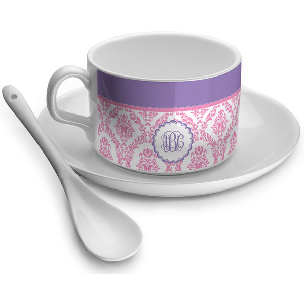 Custom Pink, White & Purple Damask Tea Cup - Single (Personalized)