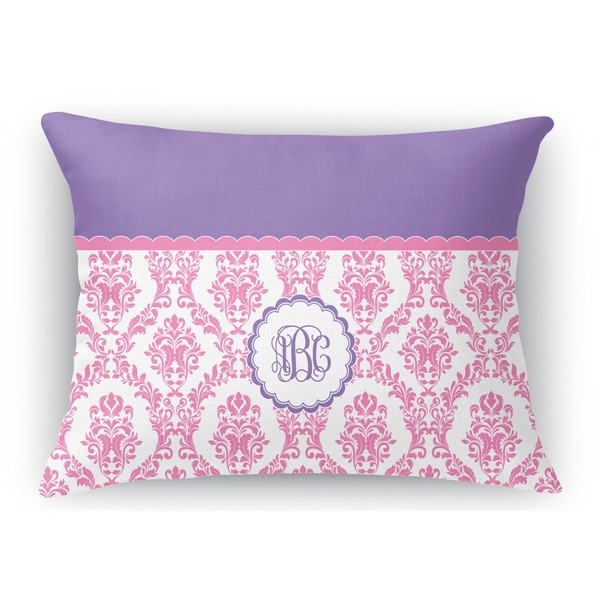Custom Pink, White & Purple Damask Rectangular Throw Pillow Case - 12"x18" (Personalized)