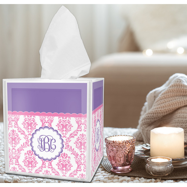 Pink, White & Purple Damask Tissue Box - LIFESTYLE