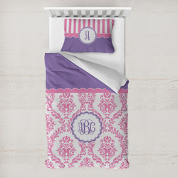 Pink, White & Purple Damask Toddler Bedding Set - With Pillowcase (Personalized)