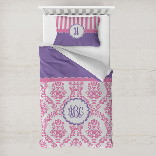 Custom Pink, White & Purple Damask Toddler Bedding Set - With Pillowcase (Personalized)