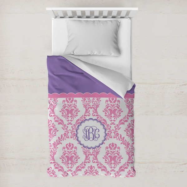 Custom Pink, White & Purple Damask Toddler Duvet Cover w/ Monogram