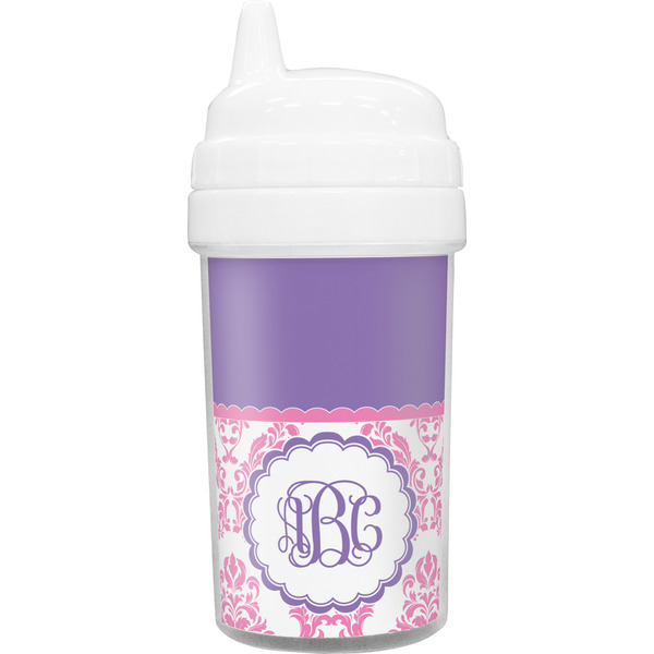 Custom Pink, White & Purple Damask Sippy Cup (Personalized)
